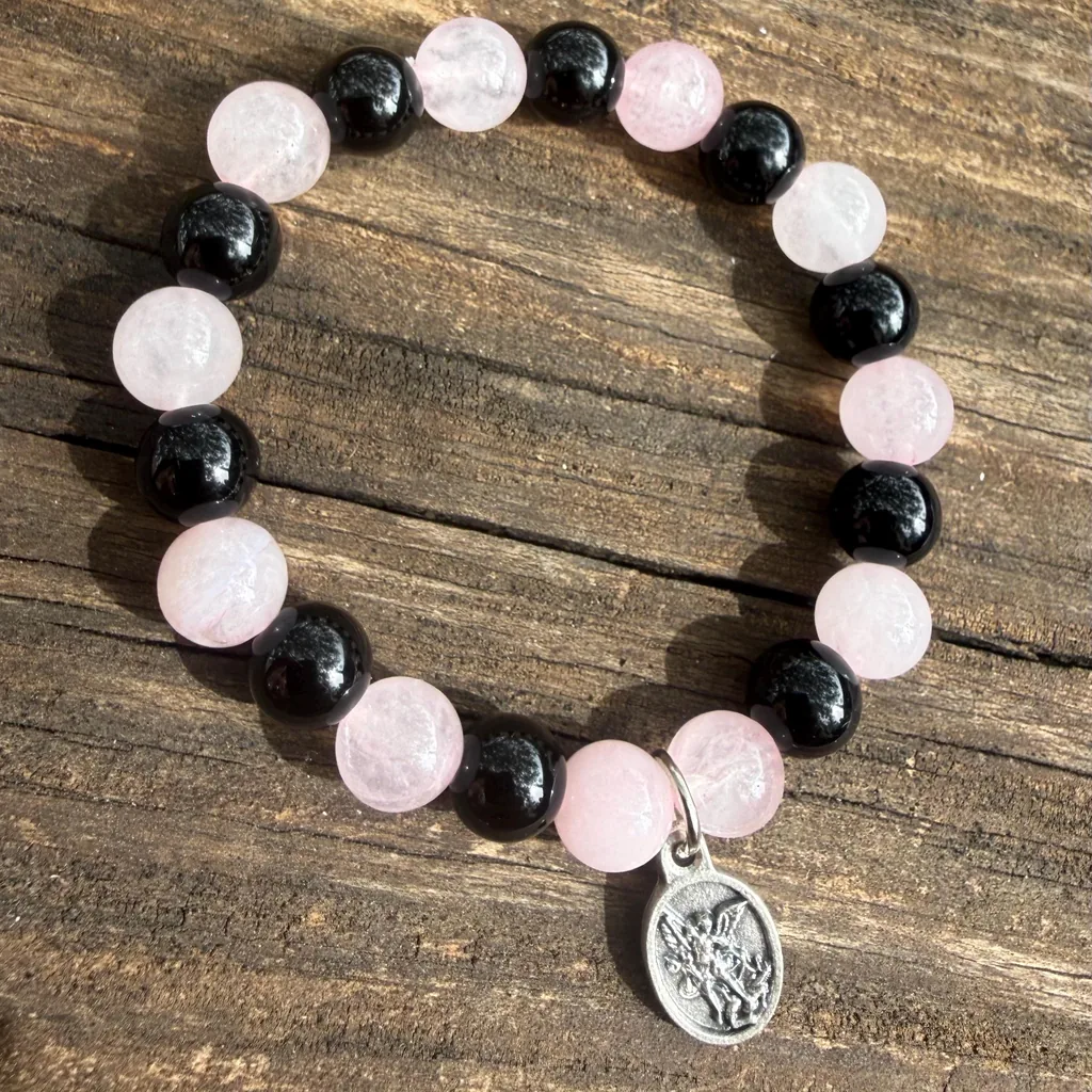 Saint Michael Rose Quartz and Black Obsidian Bracelet