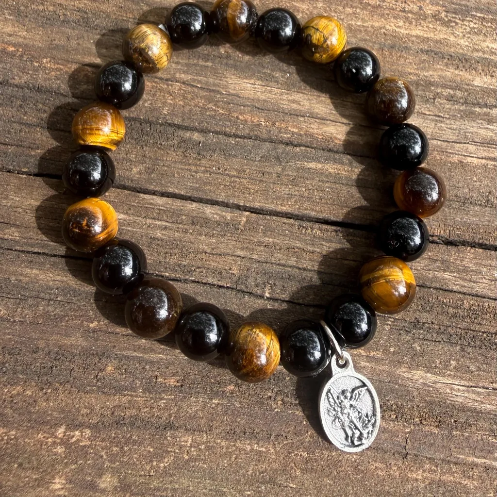 Saint Michael Tiger's Eye and Black Obsidian Bracelet