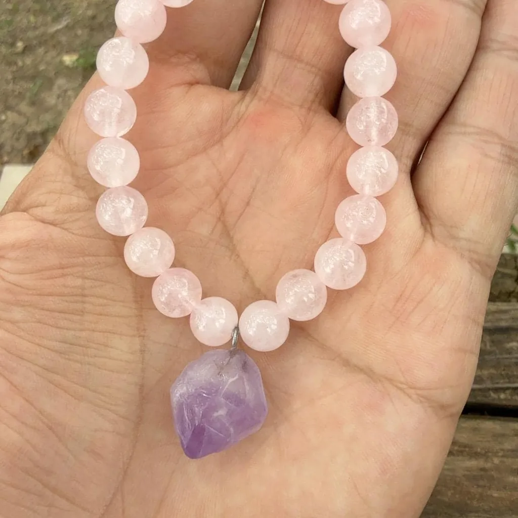 Rose Quartz Bracelet with Amethyst Pendant, Standard Size