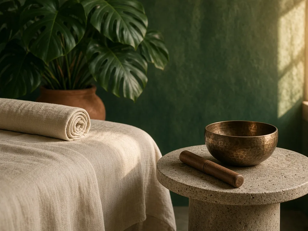 A massage table in soft linen beside a singing bowl and a leafy plant