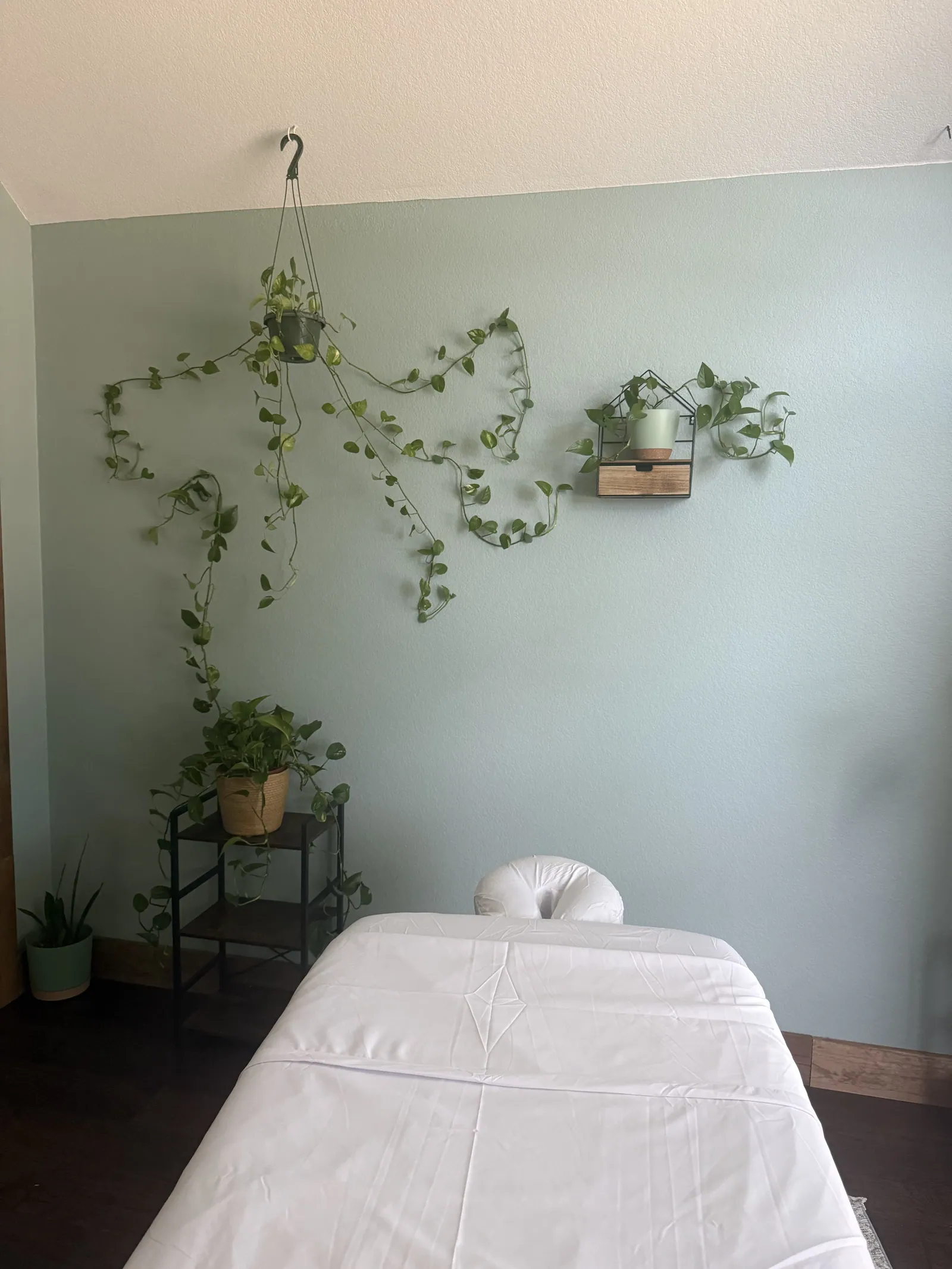 The Kitsune Healing studio with a massage table, plants and soft light